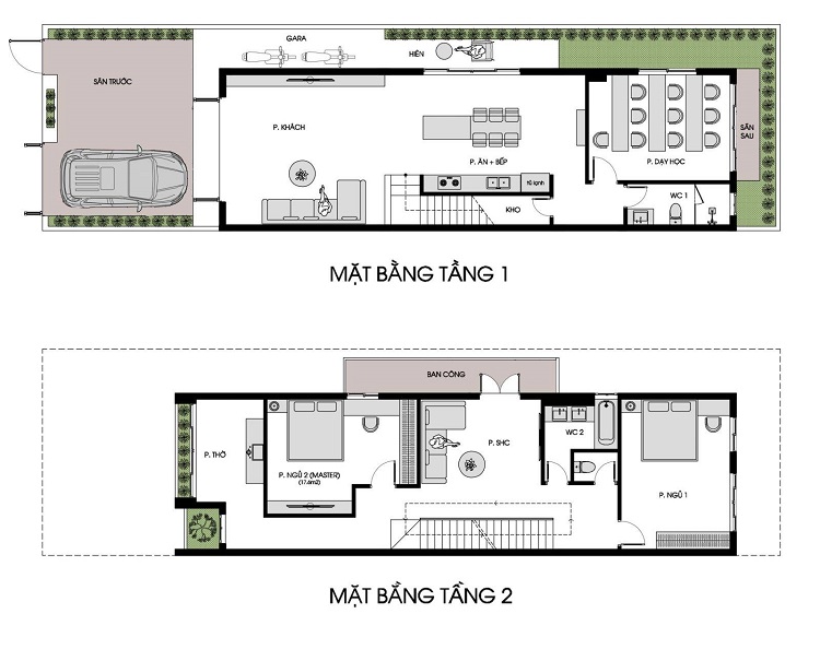 Mặt bằng công năng nhà phố 2 tầng 2 phòng ngủ