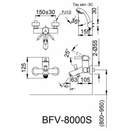 Bản vẽ kỹ thuật vòi sen tắm INAX BFV-8000S-1C