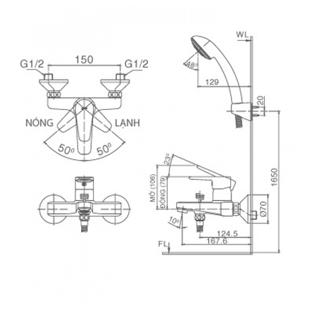 Bản vẽ kỹ thuật Vòi sen tắm nóng lạnh INAX BFV-1203S-4C