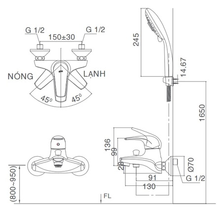 Bản vẽ kỹ thuật Vòi sen tắm nóng lạnh INAX BFV-3003S-3C